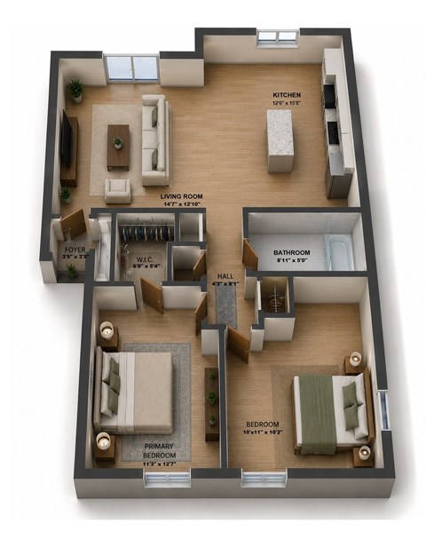Floor plan for 2 beds, 1 bath, 840 sqft